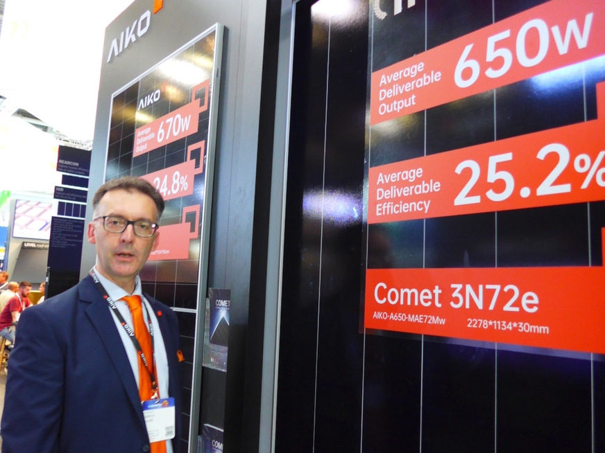 Optimized high-efficiency solar modules have been presented at The smarter E Europe in Munich, here Frederico Brunelli, Director of Products and Solutions of Aiko Solar (China).