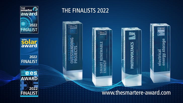 The winners of this year’s awards will be announced on May 10, 2022, on the eve of The smarter E Europe and its four specialist energy exhibitions – Intersolar Europe, ees Europe, Power2Drive Europe and EM-Power Europe – which are taking place from May 11–13, 2022, at Messe München. - © Solar Promotion
