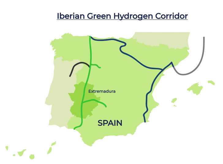 The Extremadura region plays an important role in the Iberian Green Hydrogen Corridor. - © DH2 Energy The Extremadura region plays an important role in the Iberian Green Hydrogen Corridor.