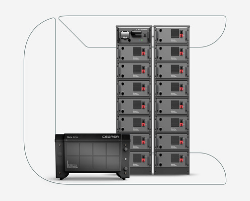 Modular battery storage units and a control box with CEGRSA branding, set against a light background. - © CEGASA