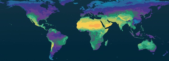 Color-coded world map showing different climate zones across continents.