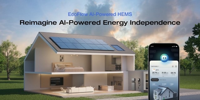 A modern house with solar panels and a phone displaying an AI-powered home energy management app. - © EcoFlow