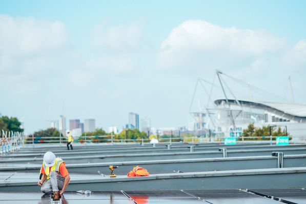© Lexy Ilsley/Manchester City FC Solar Panels are placed on the roof of the Joie Stadium in Manchester, England.