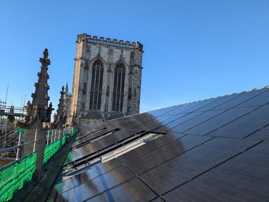 © ACT Solarwatt panel vision M 5.0 black modules x 184 on the South Quire rooftop of York Minster Cathedral, England.