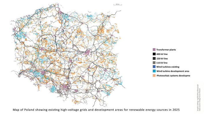 © Editing: mg| Data source: Enegrie Forum Poland The Polish high-voltage grid as well as potential locations for photovoltaic and wind power plants.