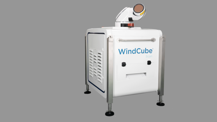 White WindCube Scan lidar device with a rotating sensor on top, against a plain gray background. - © Vaisala This cube on legs gives a heads-up on weather conditions.