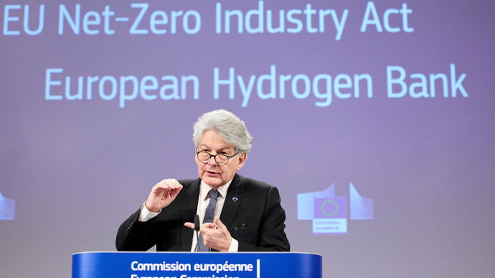 © European Union Former EU Industry Commissioner, Thierry Breton, introducing the draft Net-Zero Industry Act in March 2023.