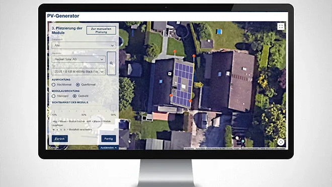 Auf einem Computerbildschirm wird ein Tool zur Platzierung von Solarmodulen mit einer Satellitenansicht von Dächern angezeigt. - © Kostal A full overview of your PV future with Solar Plan